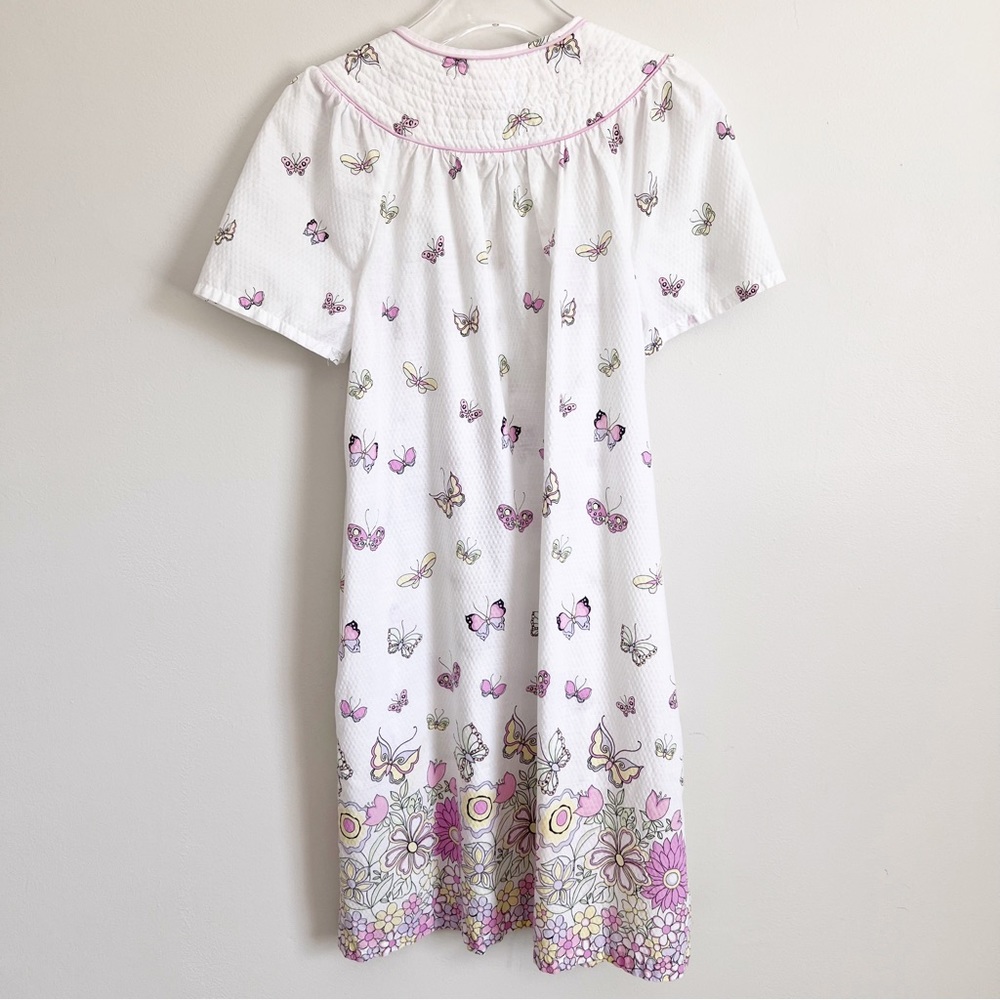 Butterfly Housecoat Snap Front Nightgown Pajama Lounge Dress White Pink Small - Picture 6 of 12